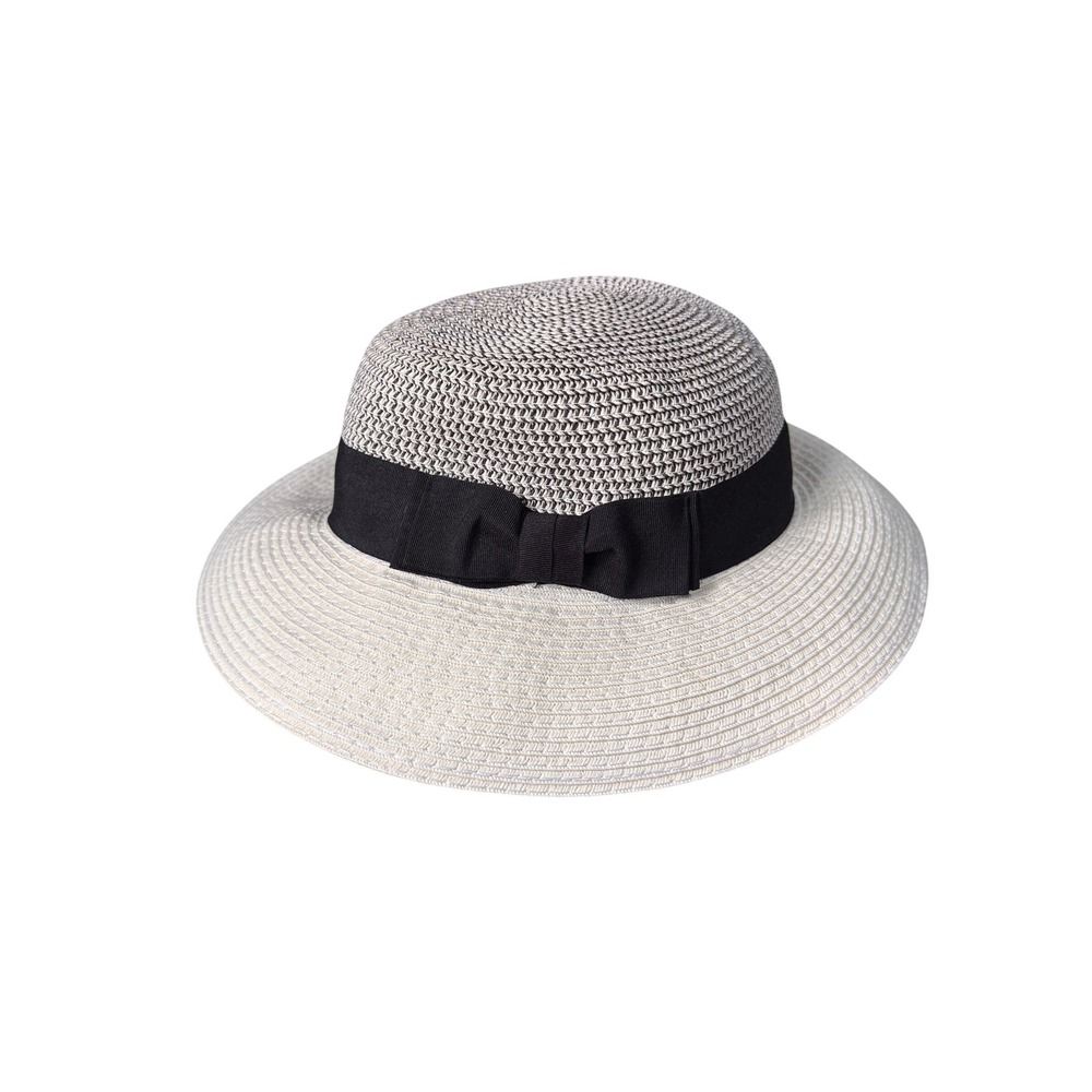 Parkhurst Womens Woven Paper Sun Hat White Black Bow Wide Brim Cloche One Size